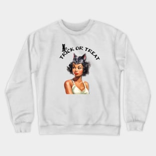 Trick or Treat Black Pin-up Girl with Cat Mask Illustration Art Crewneck Sweatshirt